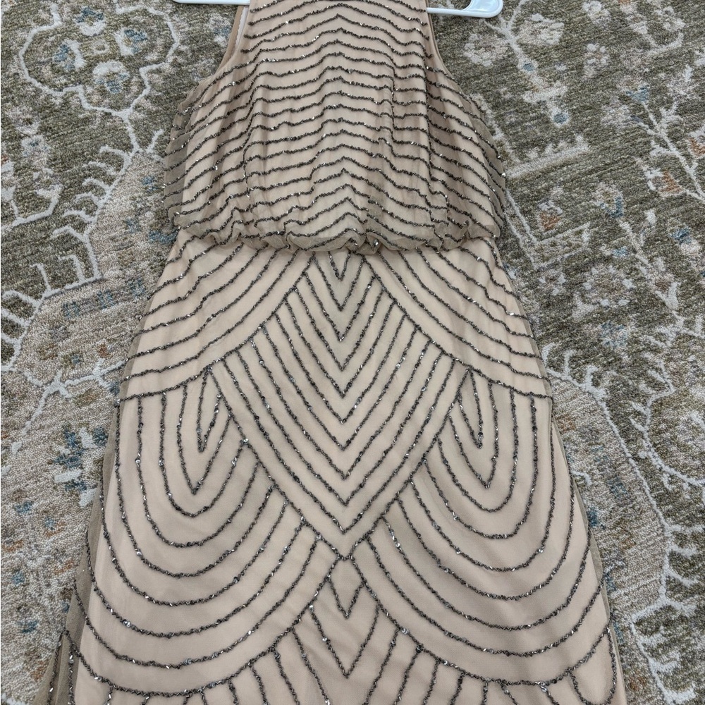 Adrianna Papell Beige and Black Beaded Backless Dress